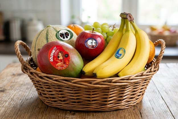 Fruits variés ornés d'étiquettes de marques colorées.